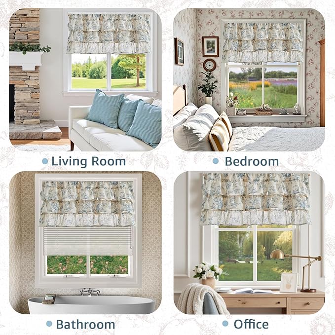 jinchan Amlie Ruffled Floral Valance Curtain Shabby Chic Linen Kitchen Valance - Image 5