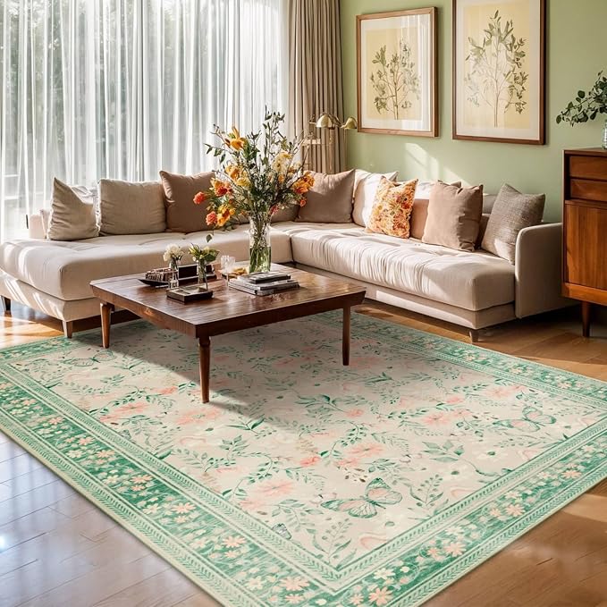 Rugxara Green Floral Rug for Living Room Bedroom, 5x7 Washable Rug, Vintage - Image 2