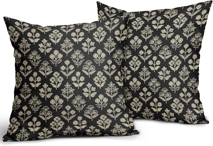 Black Floral Pillow Covers 22x22 Inch Set of 2, Vintage Flower Block Print - Image 2