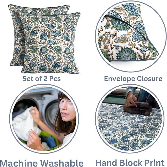 Ridhi Block Print Asparagus Green Pillow Cover 20" x 20" Decorative Couch - Image 3