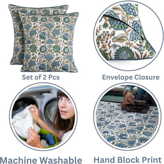 Ridhi Block Print Asparagus Green Pillow Cover 24" x 24" Decorative Couch - Image 3