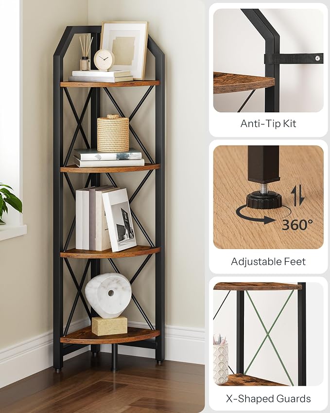 CHOEZON 4-Tier Rustic Brown and Black Corner Shelf, 4-Shelf Industrial Corner - Image 5