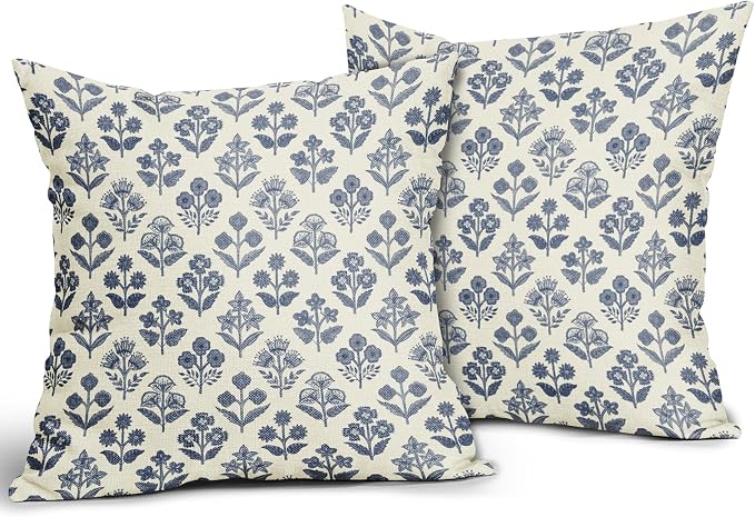 Dark Blue Floral Pillow Covers 18x18 Inch Set of 2, Vintage Flower Block Print - Image 2