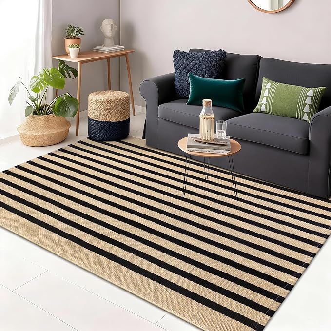 OLANLY Brown and Black Striped Rug 3' x 5' – Washable Cotton Doormat by OLANLY