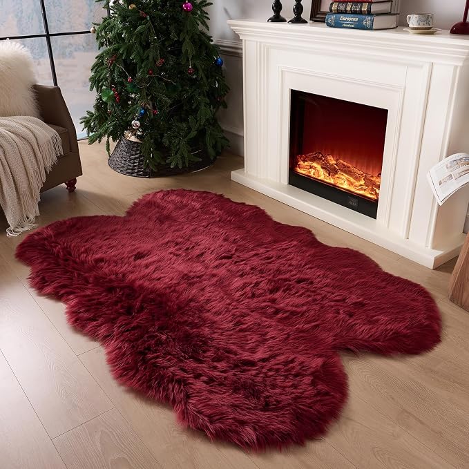 Fluffy Faux Fur Rug Burgundy Sheepskin Area Rug, 4x6 Ft Ultra Soft Shaggy Plush - Image 3