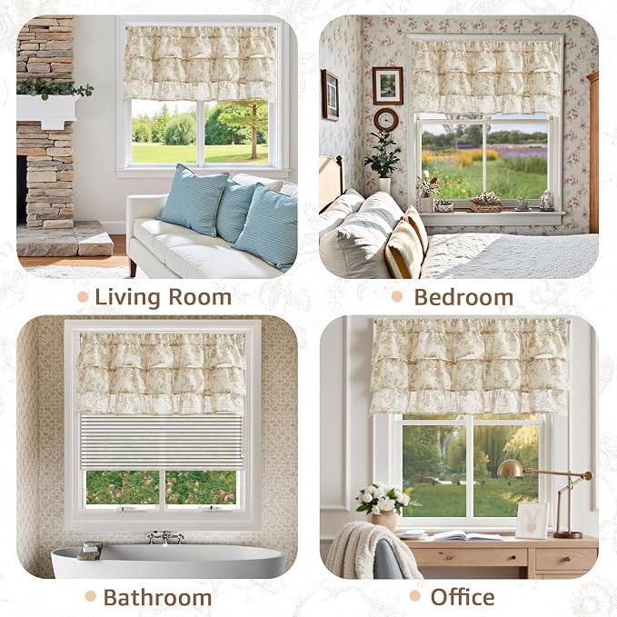 jinchan Amlie Ruffled Floral Valance Curtain Shabby Chic Linen Kitchen Valance - Image 5