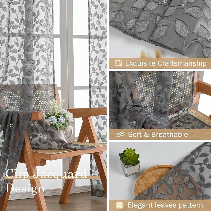 Chyhomenyc Charcoal Grey Sheer Curtains 24 Inch Length, Light Filtering Leaf - Image 8