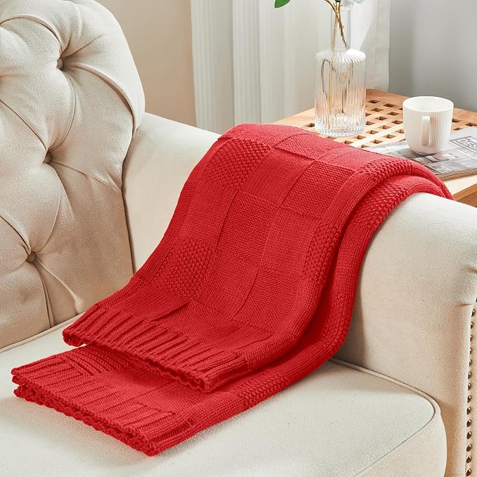 CozeCube Check Knit Throw Blanket, Christmas Red Checkered Bedroom Blanket - Image 7