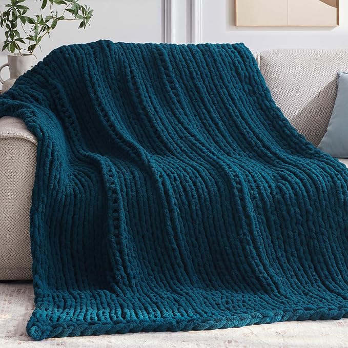 Negwoo Chunky Knit Throw Blanket, Handmade Peacock Blue Crochet Big Thick by Unknown