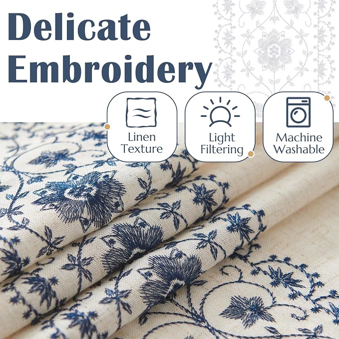 jinchan Weslie Boho Curtains for Bedroom Blue Vintage Floral Farmhouse Curtains - Image 4