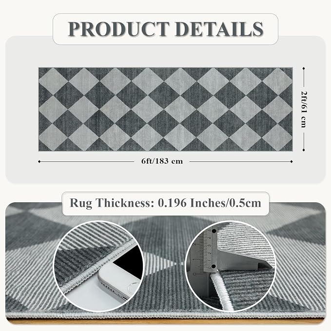 Beeiva Checkered Print Hallway Rug 2x6, Ultra Thin Kitchen Rug Runner Non Slip - Image 2