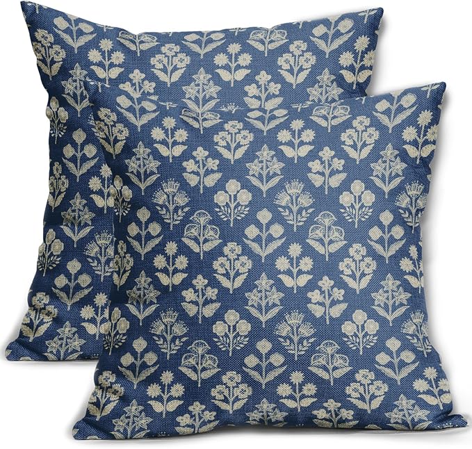 Blue Floral Pillow Covers 24x24 Inch Set of 2, Vintage Flower Block Print by Sivirary