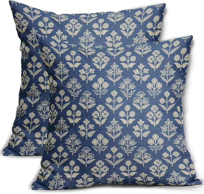 Blue Floral Block Print Pillow Covers 20x20 Inch Set of 2, Vintage Flower by Sivirary
