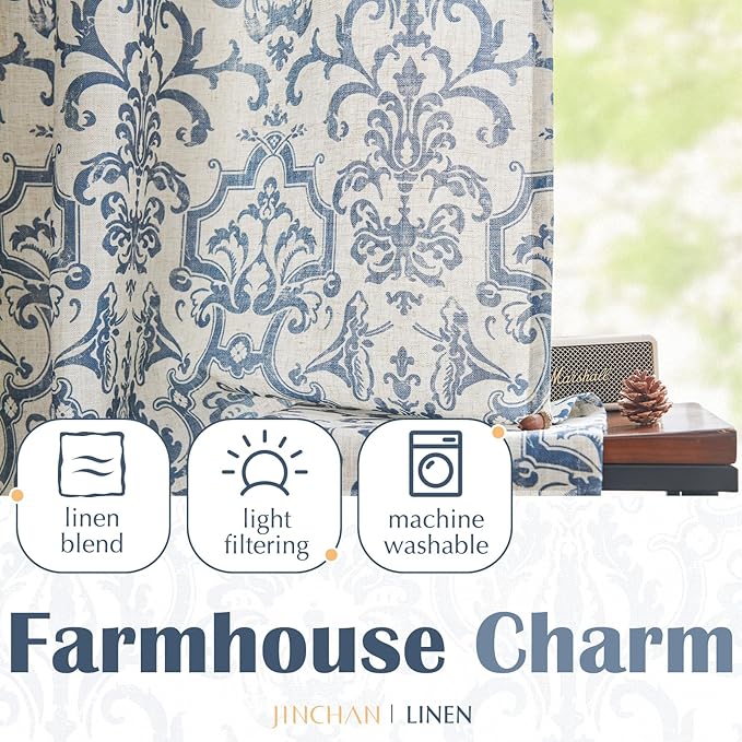 jinchan Linen Tie Up Valance for Flax Floral Drapes Vintage Farmhouse Medallion - Image 8