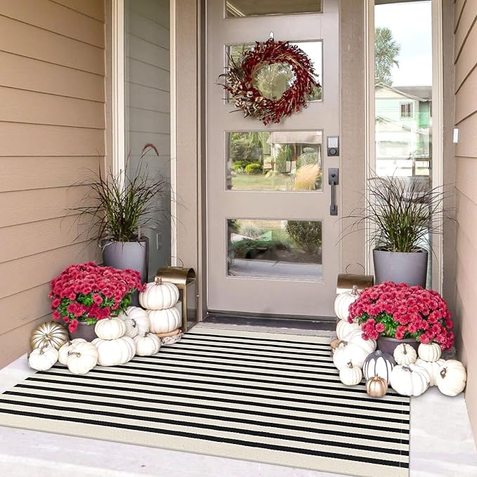 IOHOUZE Black Beige Striped Rug -3'x5' Front Door Rugs Outdoor, Washable Area by iOhouze