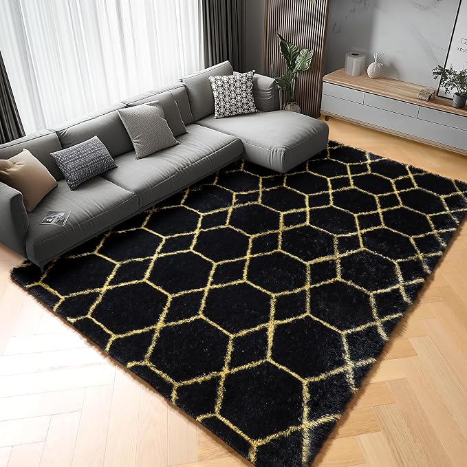ONASAR Area Rugs for Bedroom Living Room, 4x6 Fluffy Black and Gold Throw Rug - Image 3