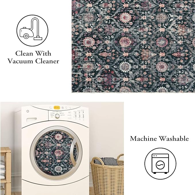 Lahome Moroccan Trellis Washable Small Area Rug, 3x5 Black Rug - Image 3