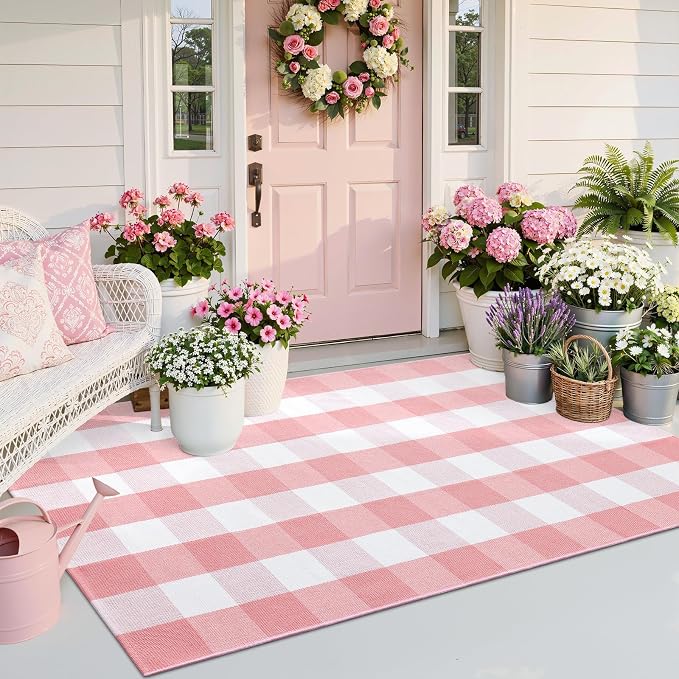 OLANLY Buffalo Plaid Rug 3' x 5' – Pink and White Cotton Checkered Doormat by OLANLY