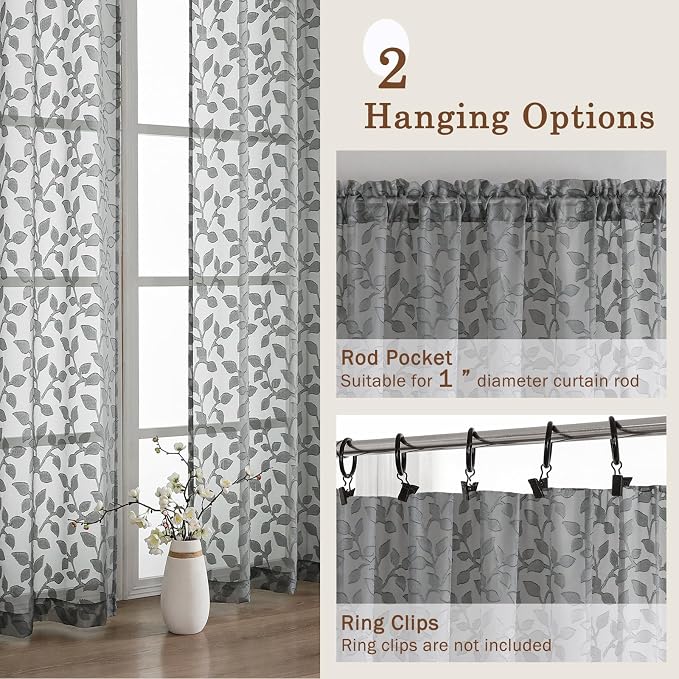 Chyhomenyc Charcoal Grey Sheer Curtains 36 Inch Length, Light Filtering Leaf - Image 6