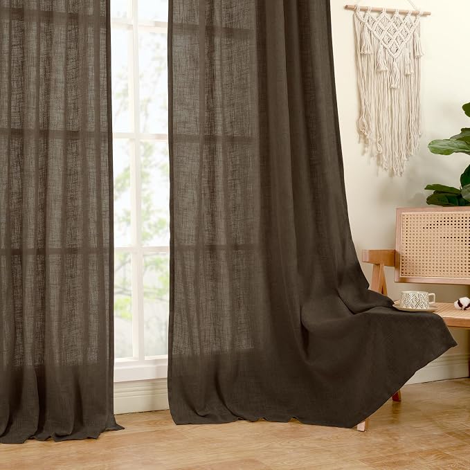LAMIT Dark Brown Linen Boho Curtains 84 inch Length 2 Panels, Light Filtering - Image 9