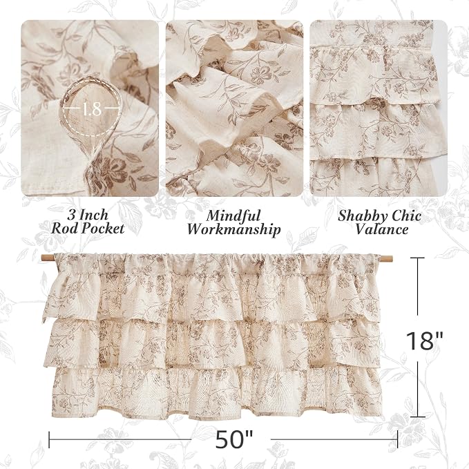 jinchan Ruffled Floral Valance Curtain Shabbychic Linen Window Valance 18 Inch - Image 5