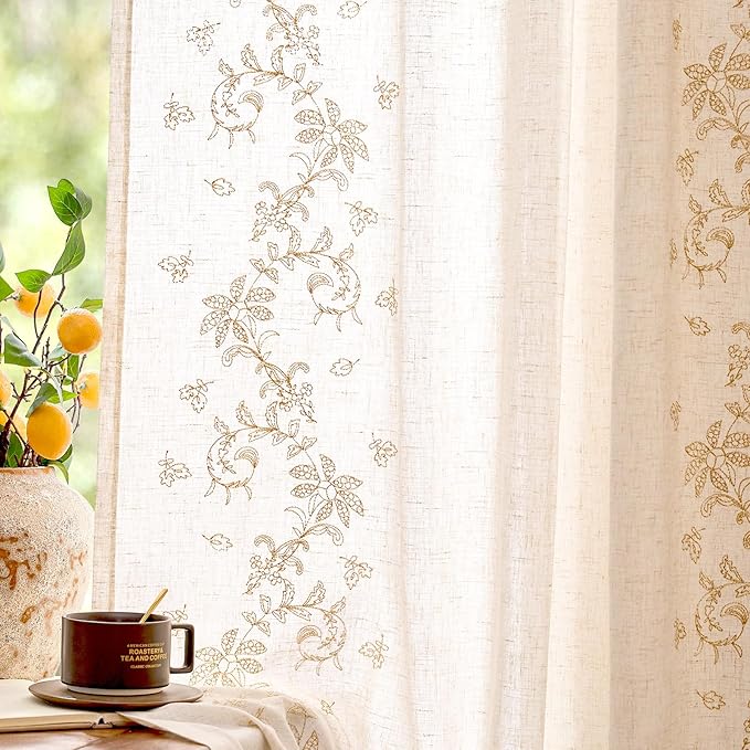 jinchan Evelyn Embroidered Linen Curtains 63 inch Floral Curtains by JINCHAN