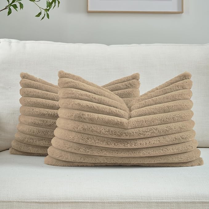 FUTEI Khaki Decorative Throw Pillow Covers Set of 2, 12x20 Inch Soft Fluffy by FUTEI