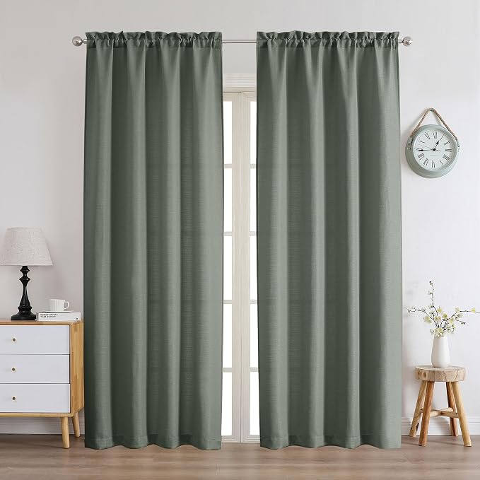 Chyhomenyc Olive Green Curtains 72 Inch Length 2 Panels Set, Faux Linen - Image 2
