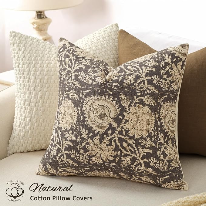 Vintage Floral Print Throw Pillow Covers 24x24 Set of 2 Neutral Modern - Image 2