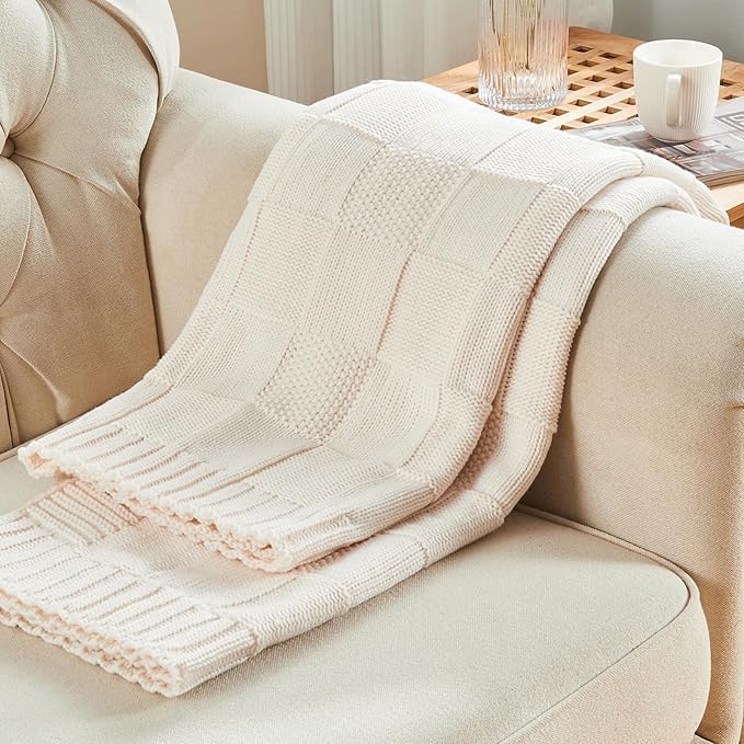 CozeCube Check Knit Throw Blanket, Cream White Checkered Throw - Image 6