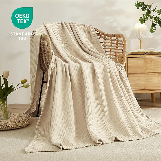 EMME Cotton Bed Blanket Twin Size Soft Muslin Boho Bedding Lightweight - Image 3
