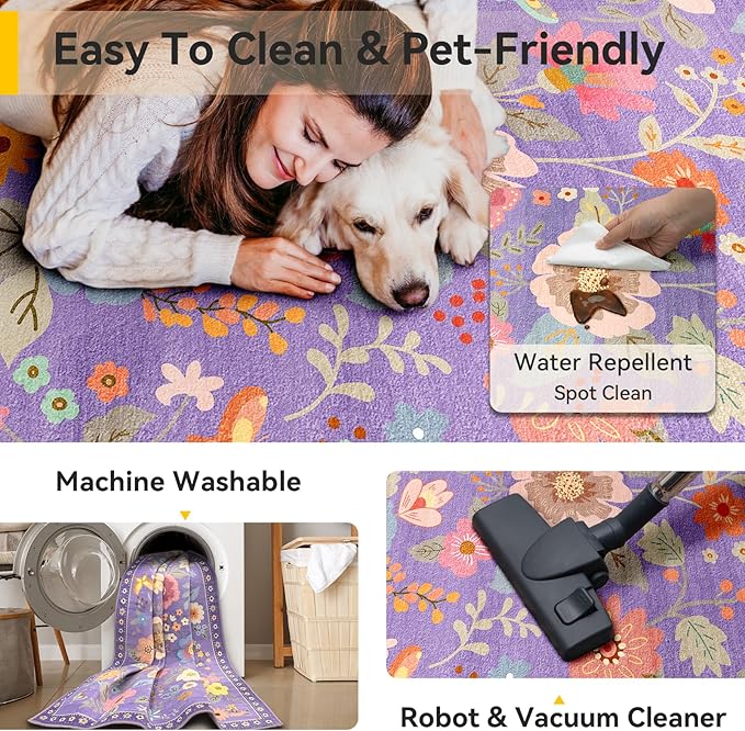 RELEANY Floral Nursery 3x5 Area Rugs Washable Print Boho Cute Carpet Non Slip - Image 4