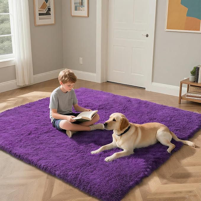 Purple Fluffy Rug Shaggy Area Rug, 6x9 Area Rugs - Image 4