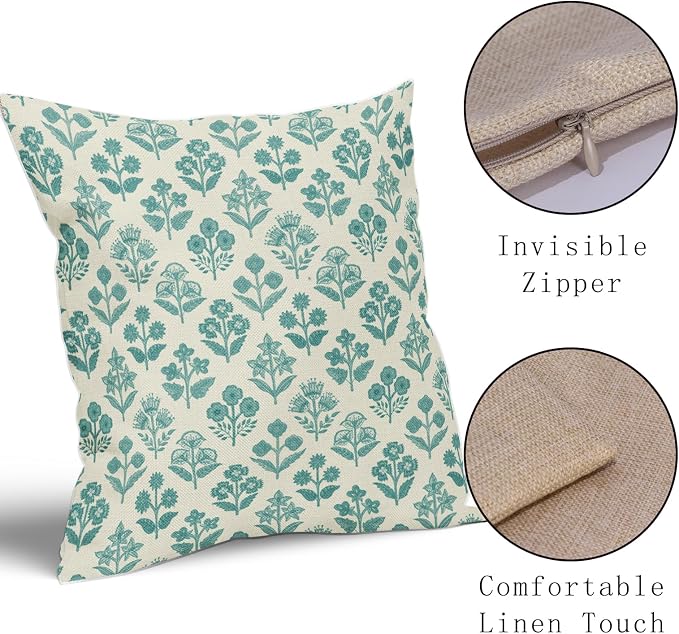 Teal Floral Pillow Covers 18x18 Inch Set of 2, Vintage Flower Block Print - Image 4