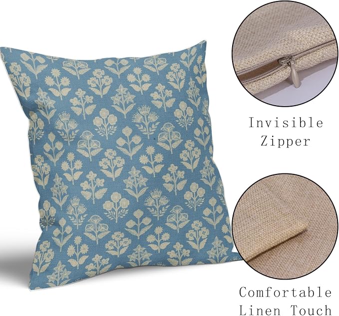 Light Blue Floral Block Print Pillow Covers 18x18 Inch Set of 2, Vintage Flower - Image 4