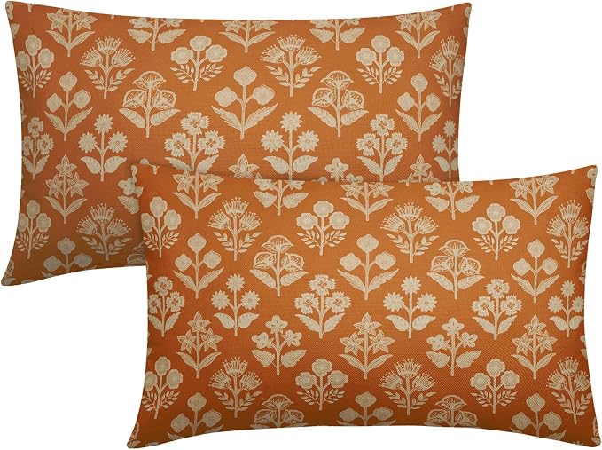 Burnt Orange Pillow Covers 12x20 Inch Set of 2, Cream Floral Block Print by Sivirary