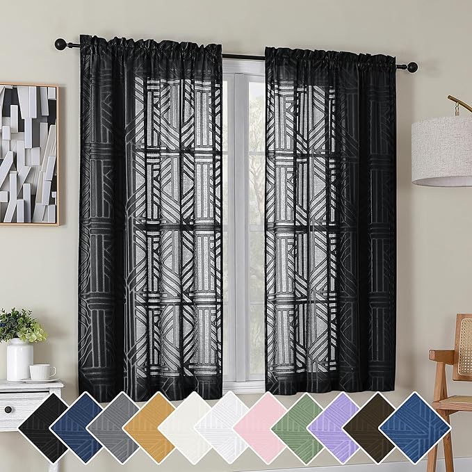 Simplebrand Black Semi Sheer Curtains 54 Inch Length 2 Panels, Geometric by Simplebrand