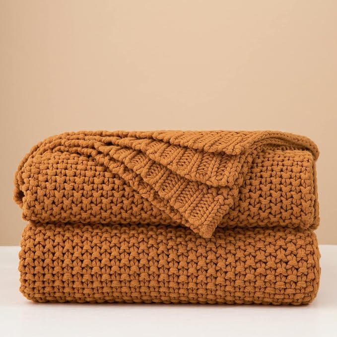 Chunky Cable Knit Throw Blanket Lightweight Burnt Orange 100% Organic Cotton - Image 5