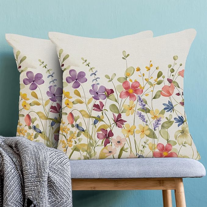 AEIOAE Spring Pillow Covers 20x20 Inch Set of 2, Colorful Wild Flower Leaves - Image 2