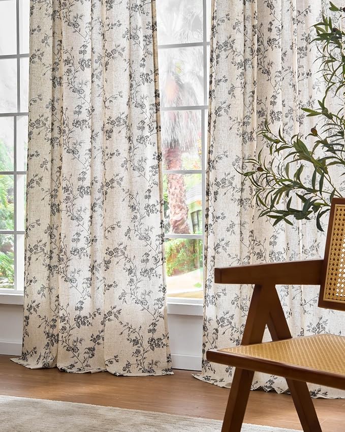 Lazzzy Black Floral Linen Curtains 96 Inch Farmhouse Back Tab Drapes - Image 7