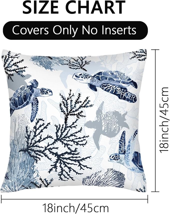 Cute Nautical Blue Pillow Covers Set of 2, Coastal Beach Themed Coral Sea - Image 7