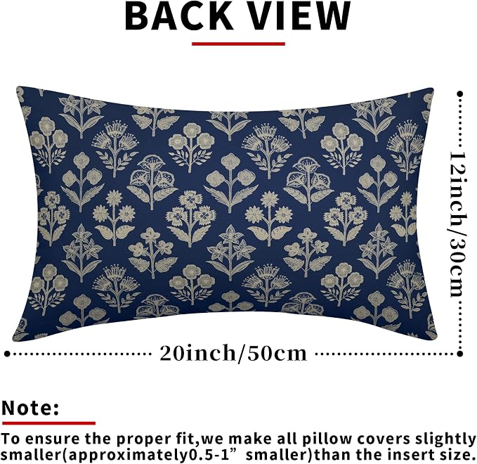 Dark Blue Pillow Covers 12x20 Inch Set of 2, Cream Floral Block Print Pattern - Image 3