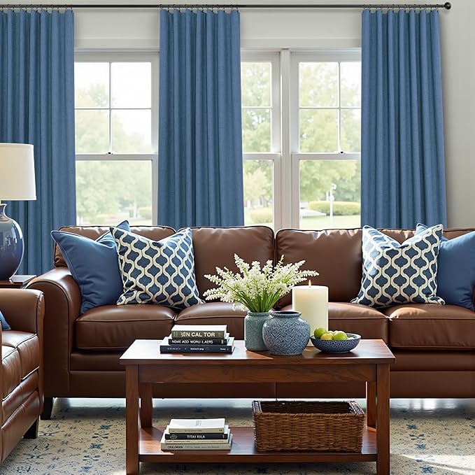 Denim Blue Living Room Black Out Curtains 63 Inch Long Insulated Thermal - Image 2
