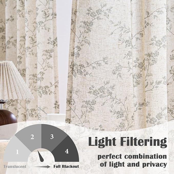 Lazzzy Grey Floral Linen Curtains 84 Inch Farmhouse Back Tab Drapes - Image 2