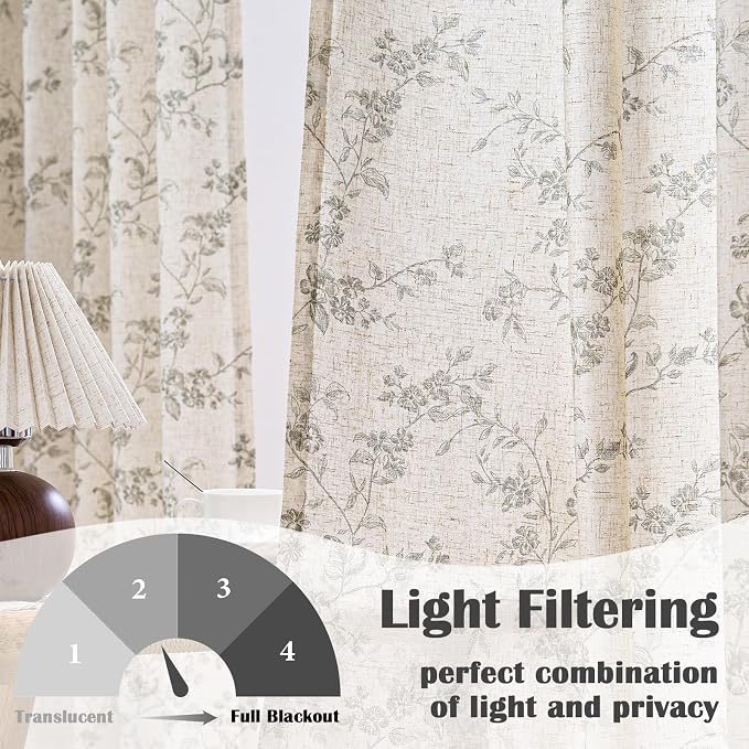 Lazzzy Grey Floral Linen Curtains 84 Inch Length Farmhouse Curtain Back Tab - Image 3