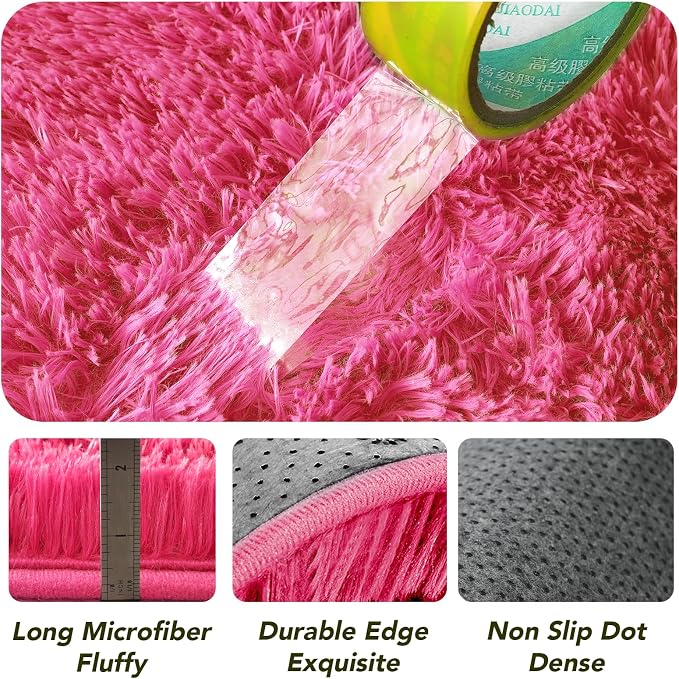Round 4x4ft Fluffy Hot Pink Rug: Ultra Soft Furry Girls Bedroom Carpet- Oval - Image 6