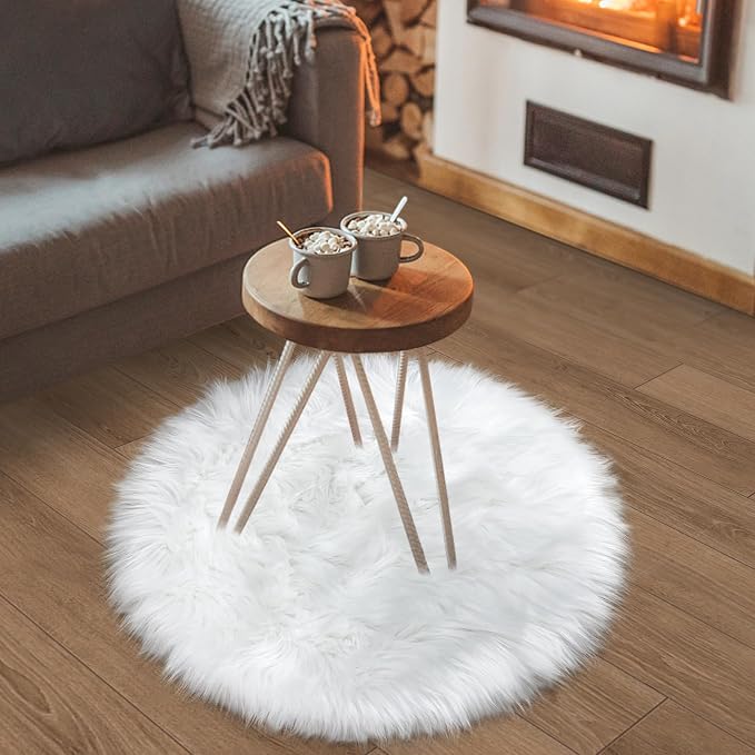 White Faux Fur Rug Small Round Fluffy Rug 2x2 Feet Round Rug by TENNOLA