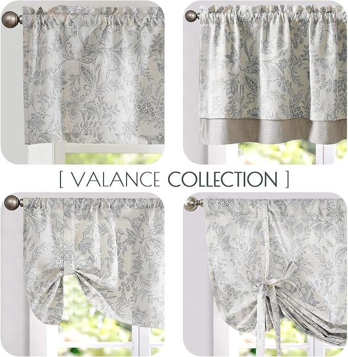 jinchan Linen Valance Curtain Farmhouse Grey Floral Printed Small Window Curtain - Image 8