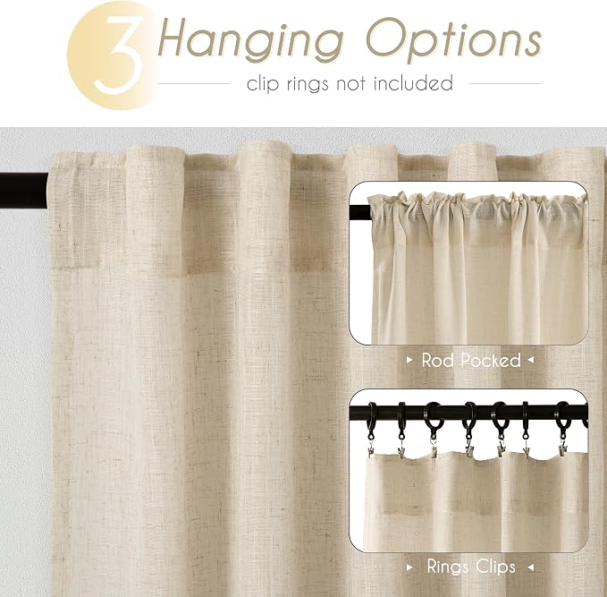 Greyish Beige Linen Curtain 90 inch Length 2 Panels Set Back Tab Light - Image 2