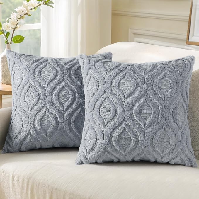 decorUhome Throw Pillow Covers 26x26 Inch Set of 2, Soft Plush Faux Wool Blue by decorUhome